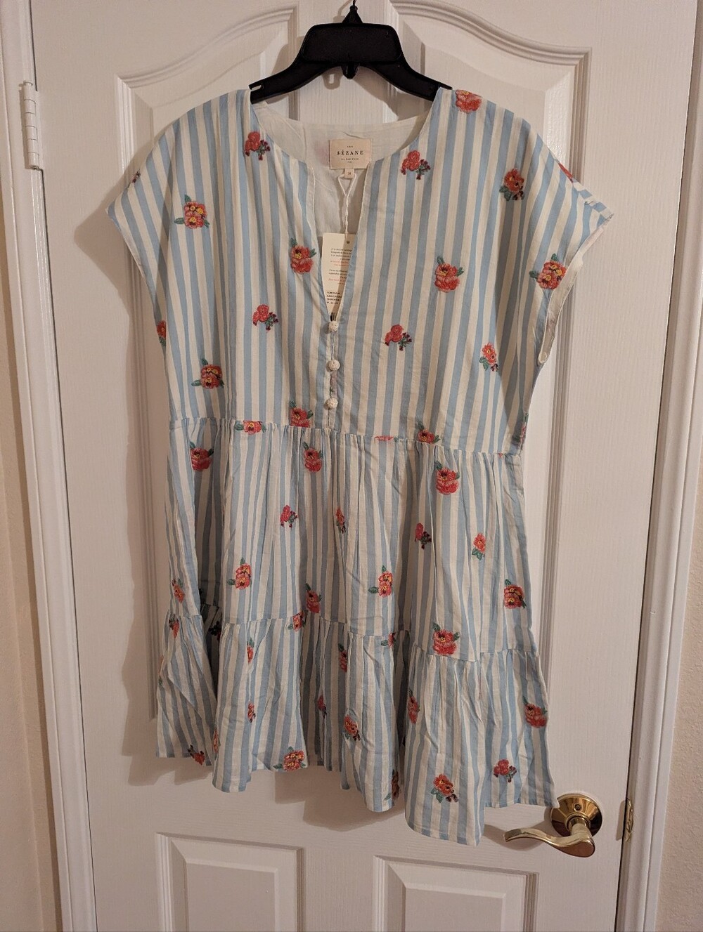 Sezane Saphir Dress Flowers On Blue Stripes - Size 6 NWT